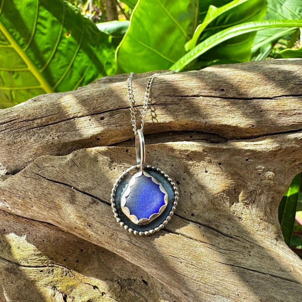 Cobalt blue sea glass Handmade 995 925 sterling silver soldered necklace - Picture 2 of 6